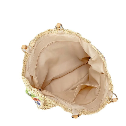 Bohemian Granny Square Staw Handbags Casual Paper Woven Bamboo Handle Women Hand Bags Handmade Summe