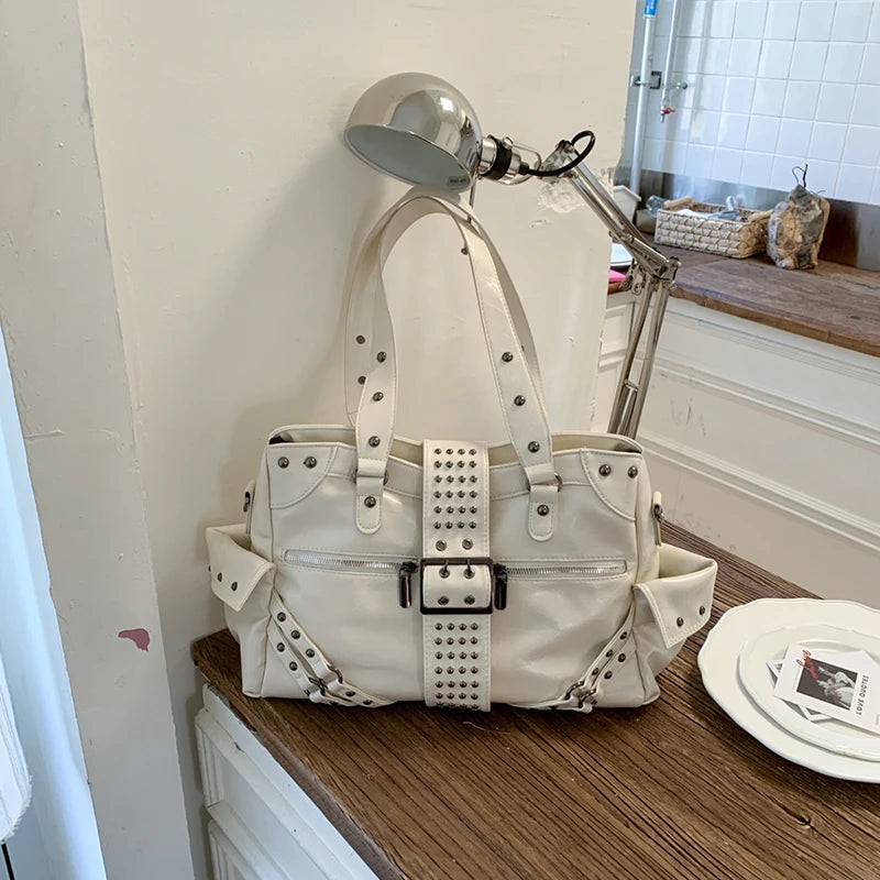 Punk Rivet Shoulder Bag – Y2K Retro Multi-Pocket Underarm Handbag