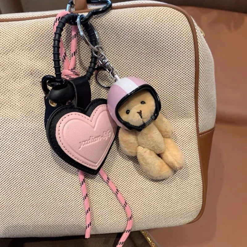 Helmet Bear Keychain Bag Charm with Heart Leather Tag