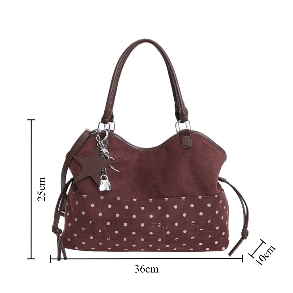 Vintage Polka Dot Tote Bag with Charm – Large Capacity