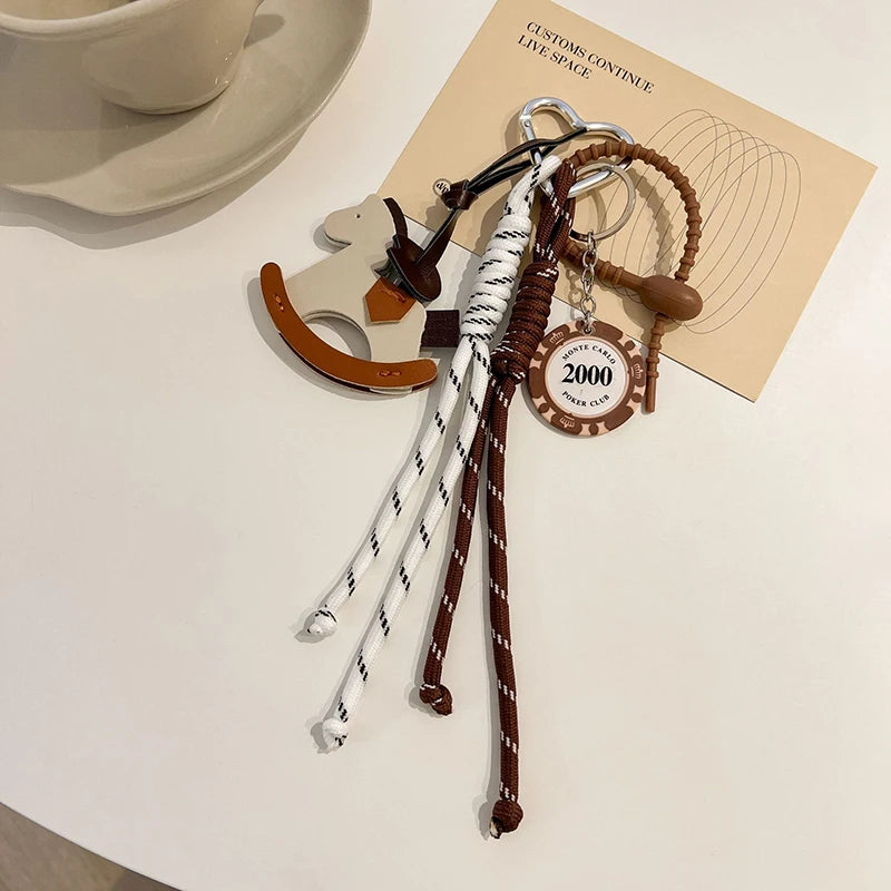 Braided Rope Bag Charm with Leather Rocking Horse Pendant