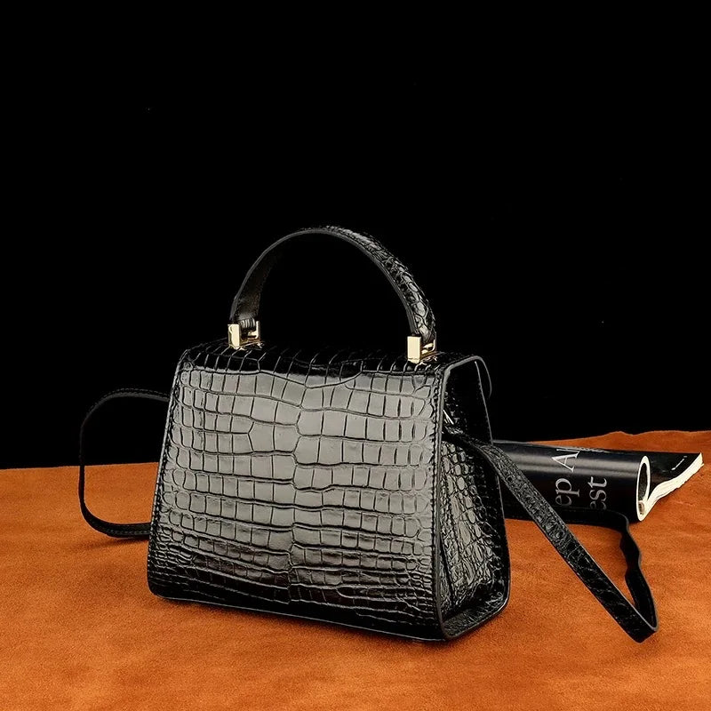 Crocodile Leather Top Handle Crossbody Bag – Black