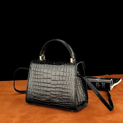Crocodile Leather Top Handle Crossbody Bag – Black