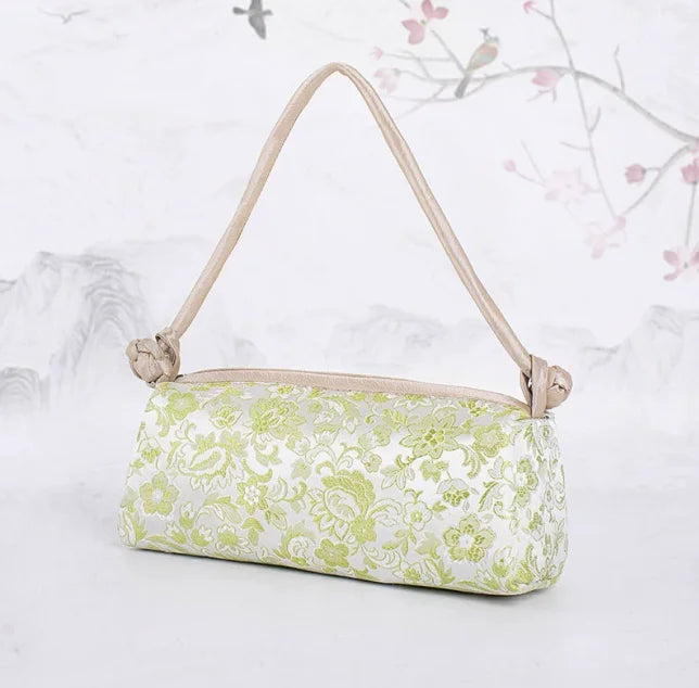 Silk Embroidered Shoulder Bag – Floral Satin Handbag