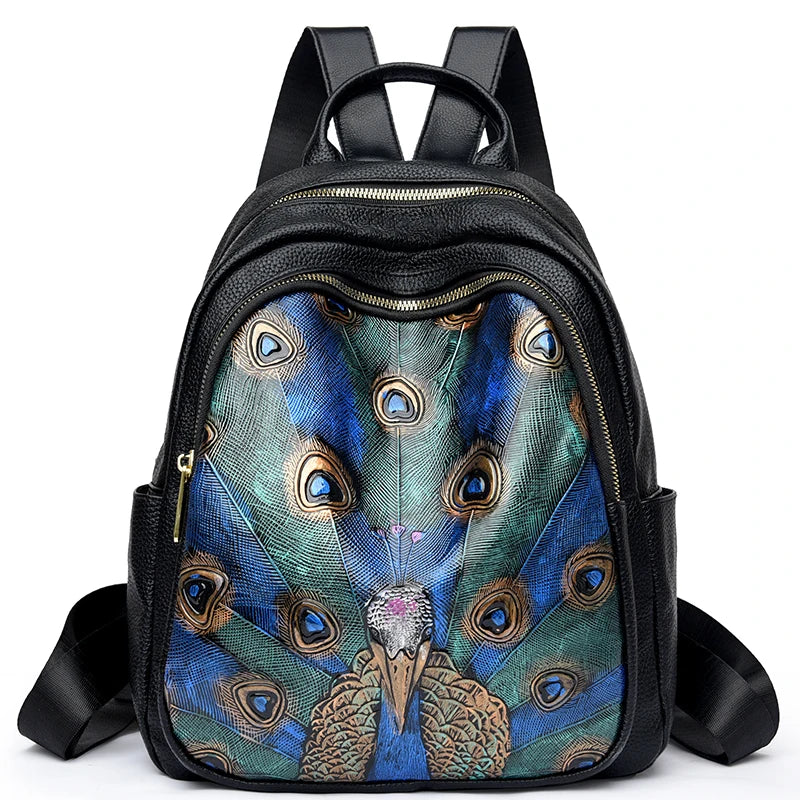 Peacock Feather Print PU Leather Backpack for Women – Large Capacity
