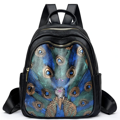 Peacock Feather Print PU Leather Backpack for Women – Large Capacity