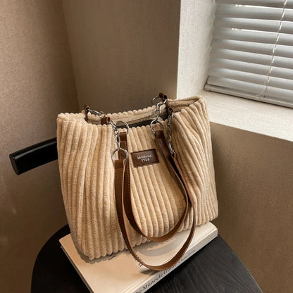 Corduroy Shoulder Tote Bag for Women – Large Cotton Handbag