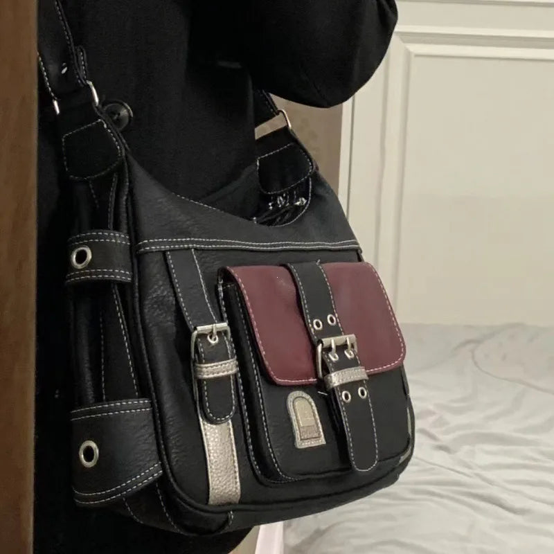 Y2K Vintage PU Leather Crossbody Bag – Large Hip Hop Messenger Handbag