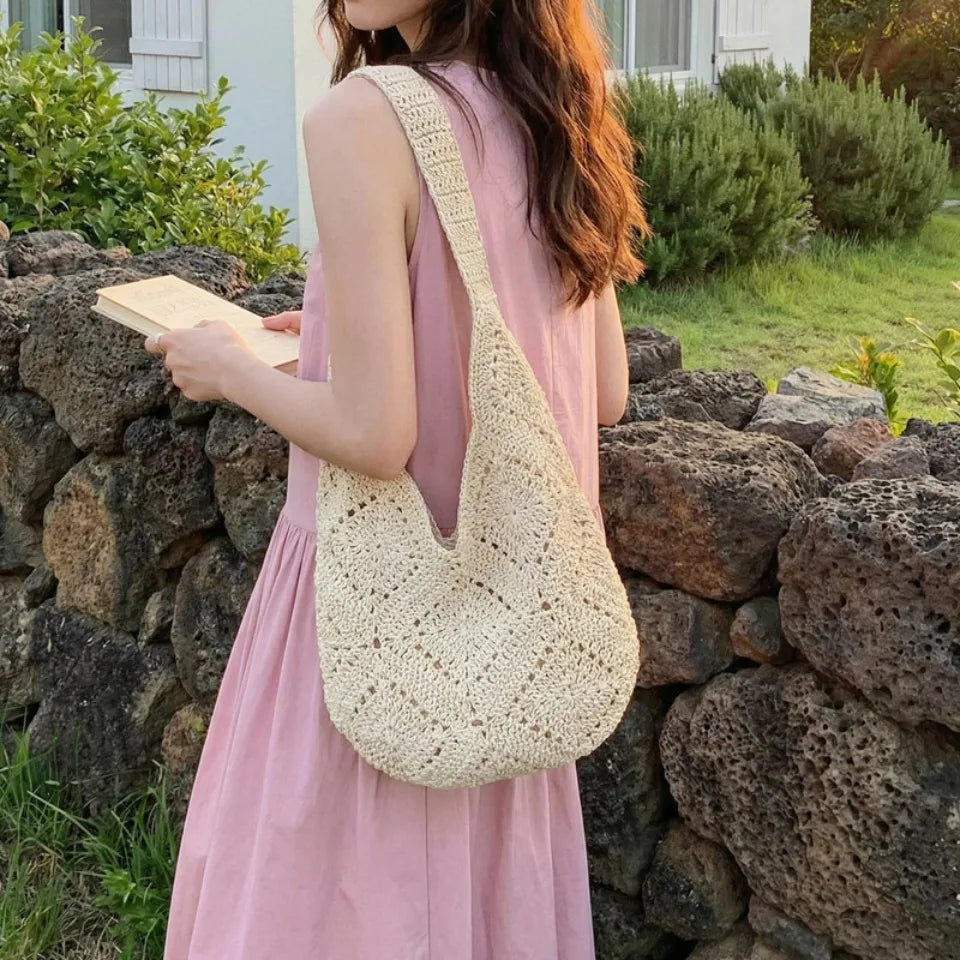 Crochet Hobo Shoulder Bag – Large Hollow-Out Woven Beach Bag