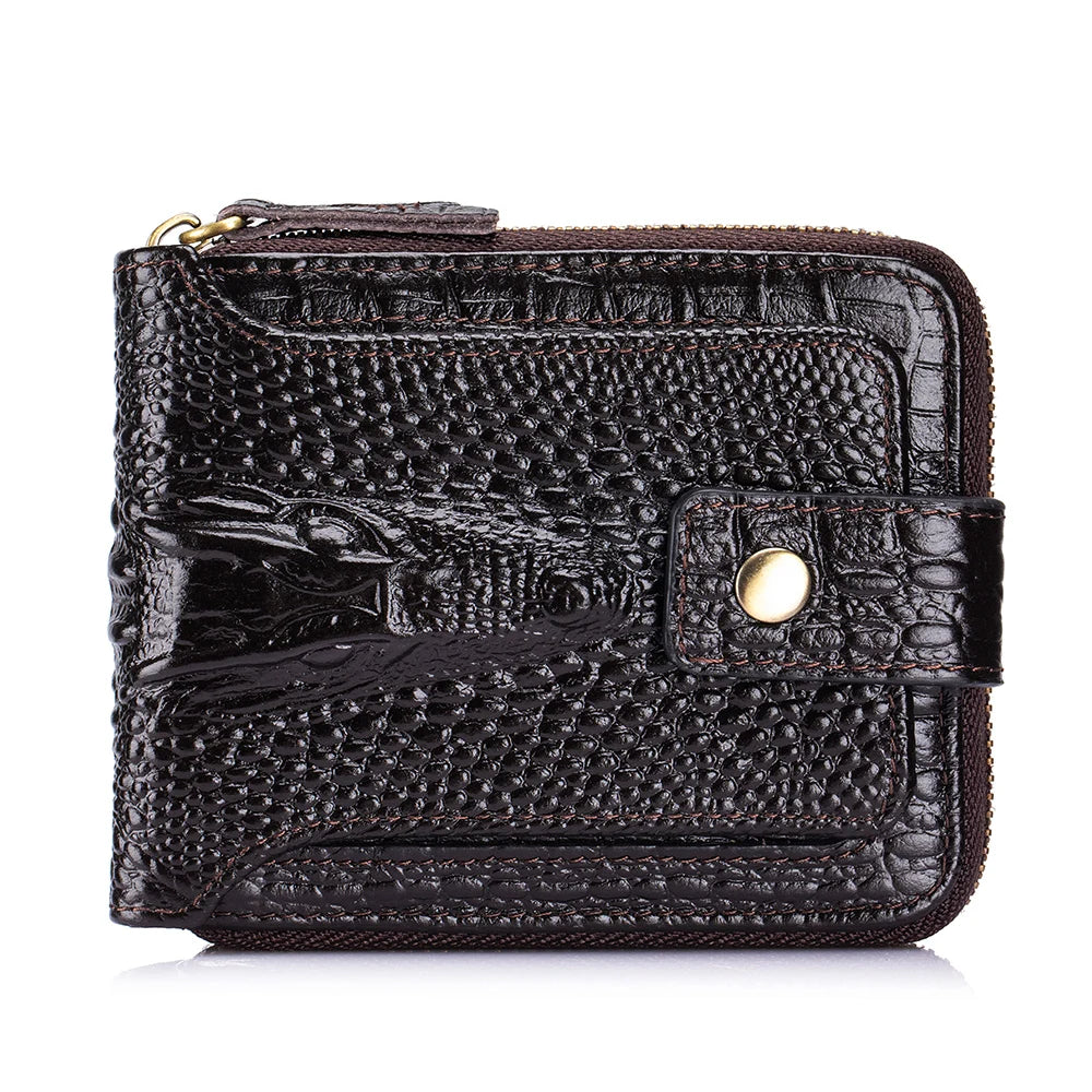 Men's Leather Wallet – Crocodile Pattern Zip-Around with Card Slots