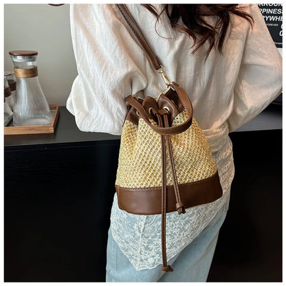 Woven Straw Bucket Bag – Women's Drawstring Crossbody