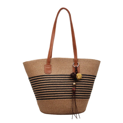 Straw Beach Tote Bag for Women – Large Handmade Stripe Shoulder Bag