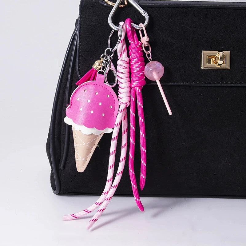 Ice Cream Cone Keychain Bag Charm with Woven Rope Tassel