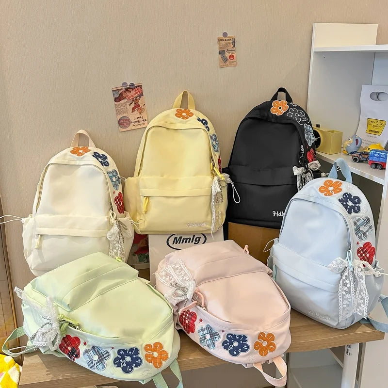 Kawaii Floral Bow Backpack for Girls – Large Nylon School Bag