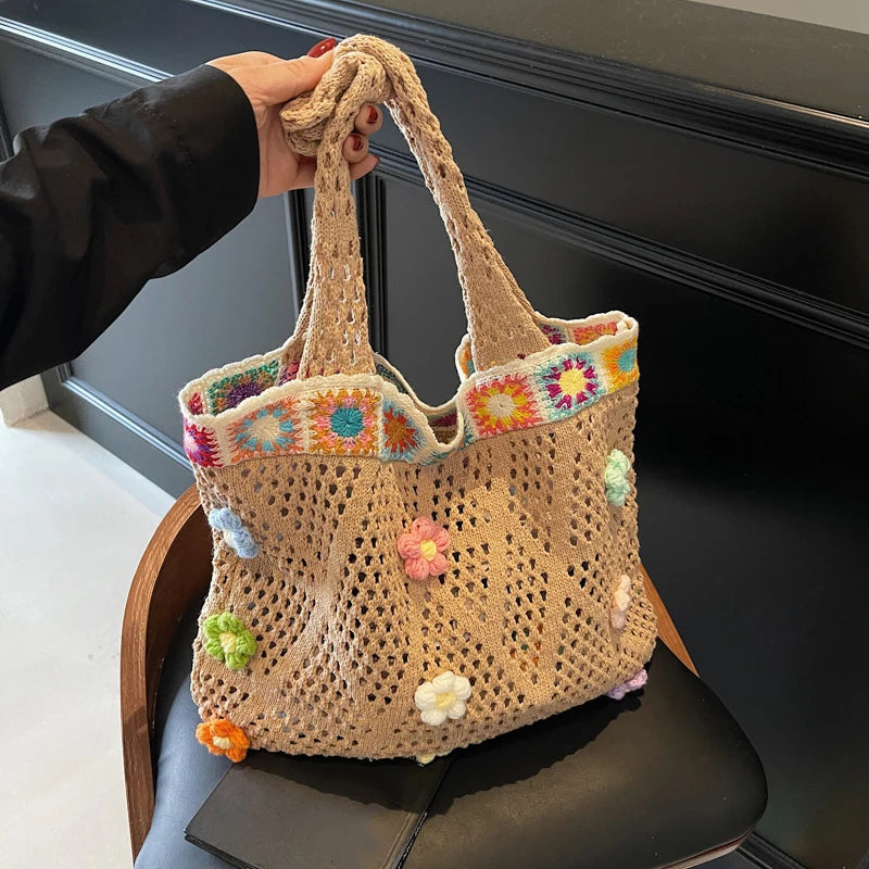 Crochet Flower Beach Tote Bag Women's Boho Shoulder Bag