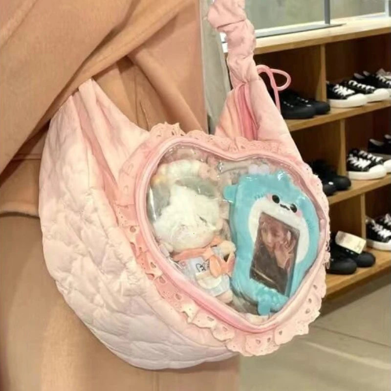 Kawaii Lolita Ita Bag Heart Window Pleated Drawstring Shoulder Bag