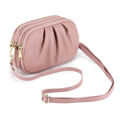 Genuine Leather Crossbody Bag – Multi-Zip Cowhide Shoulder Bag for Women