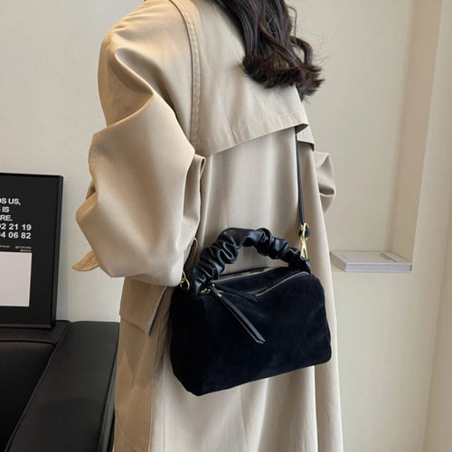 Suede Pillow Shoulder Bag with Ruched Handle for Women