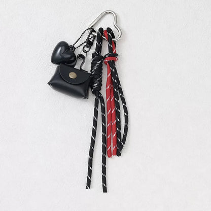 Mini Bow Bag Charm Keychain with Braided Rope & Heart Pendant