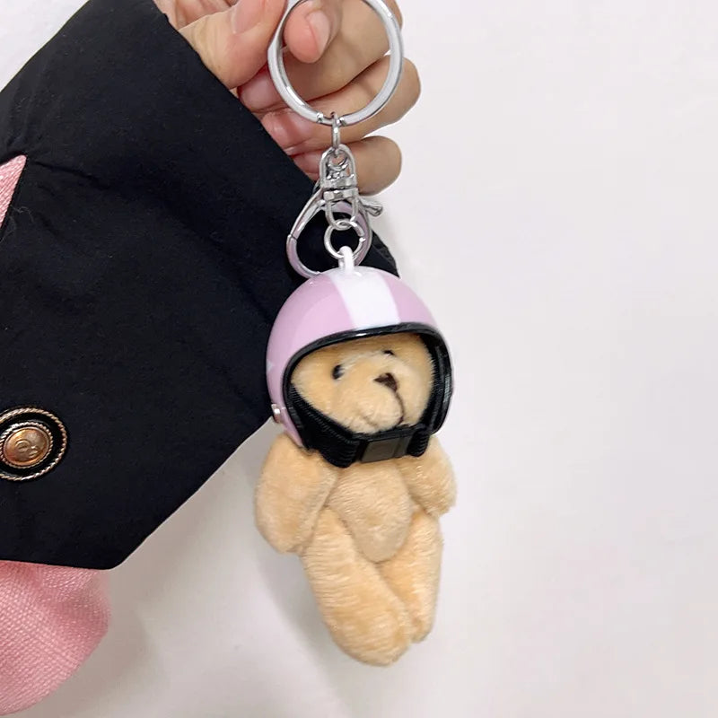 Helmet Bear Keychain Bag Charm with Heart Leather Tag
