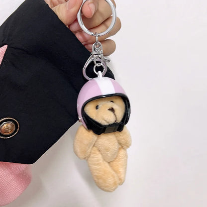 Helmet Bear Keychain Bag Charm with Heart Leather Tag