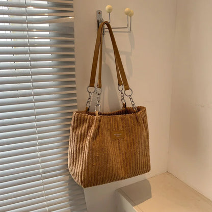 Corduroy Shoulder Tote Bag for Women – Large Cotton Handbag