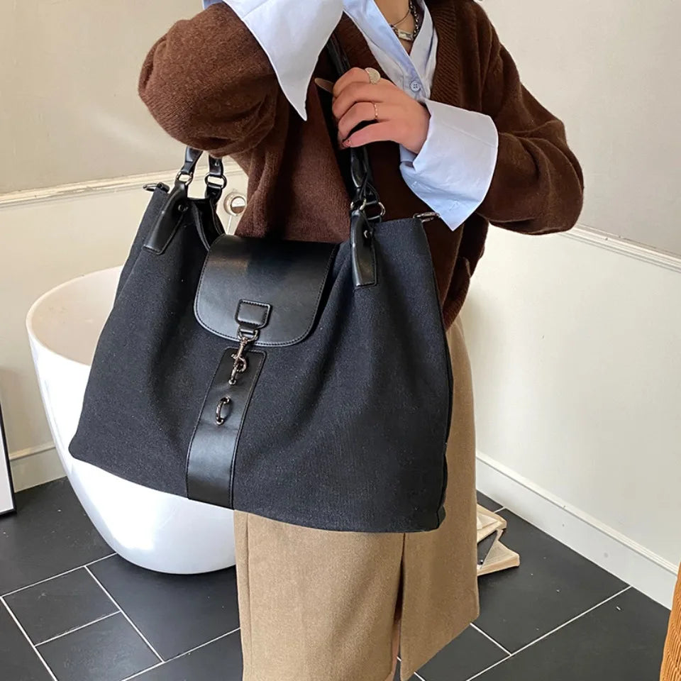 Canvas & PU Leather Tote Bag – Large Capacity Work & Travel Handbag