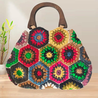 Bohemian Granny Squarecrochet Women Handbags Vintage Wooden Knitted Hand Bags Handmade Woven Large