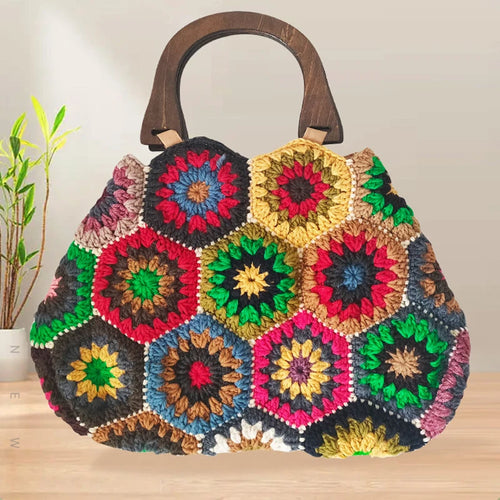Bohemian Granny Squarecrochet Women Handbags Vintage Wooden Knitted Hand Bags Handmade Woven Large