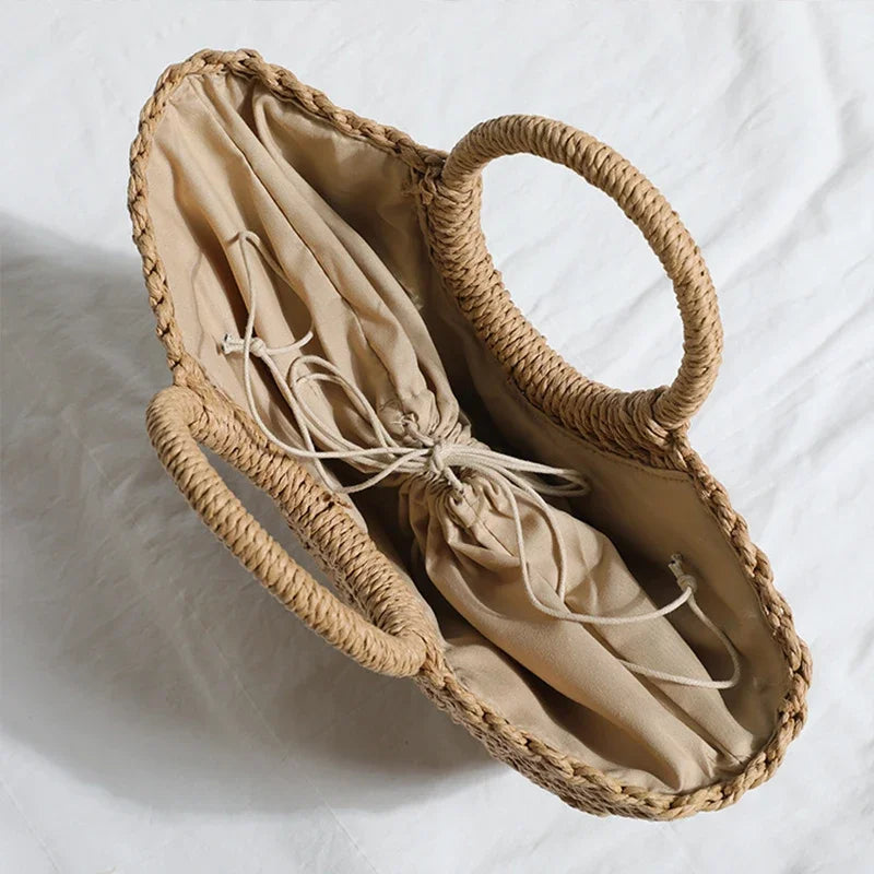 Large Half-Moon Straw Bag – Handmade Women Beach Basket Handbag