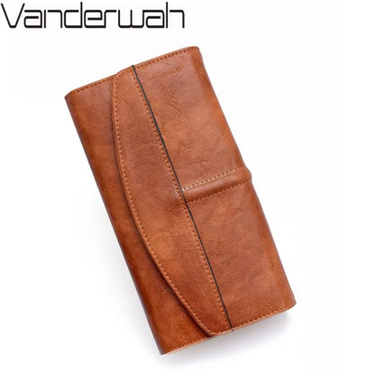 Women's Long Trifold Wallet – Vintage PU Leather Clutch Purse