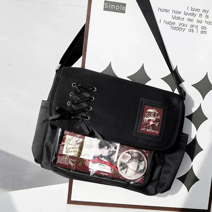 Canvas Crossbody Bag Kawaii Lace-Up Flap Shoulder Bag with Card Display
