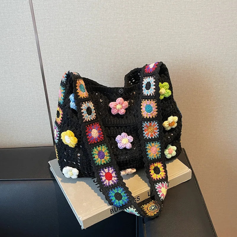 Boho Crochet Shoulder Bag – Floral Knit Large Tote