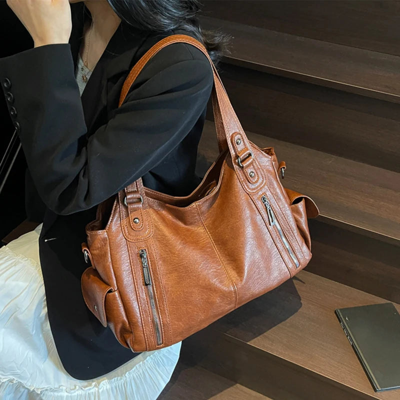 Women's PU Leather Shoulder Bag with Dual Zipper Pockets