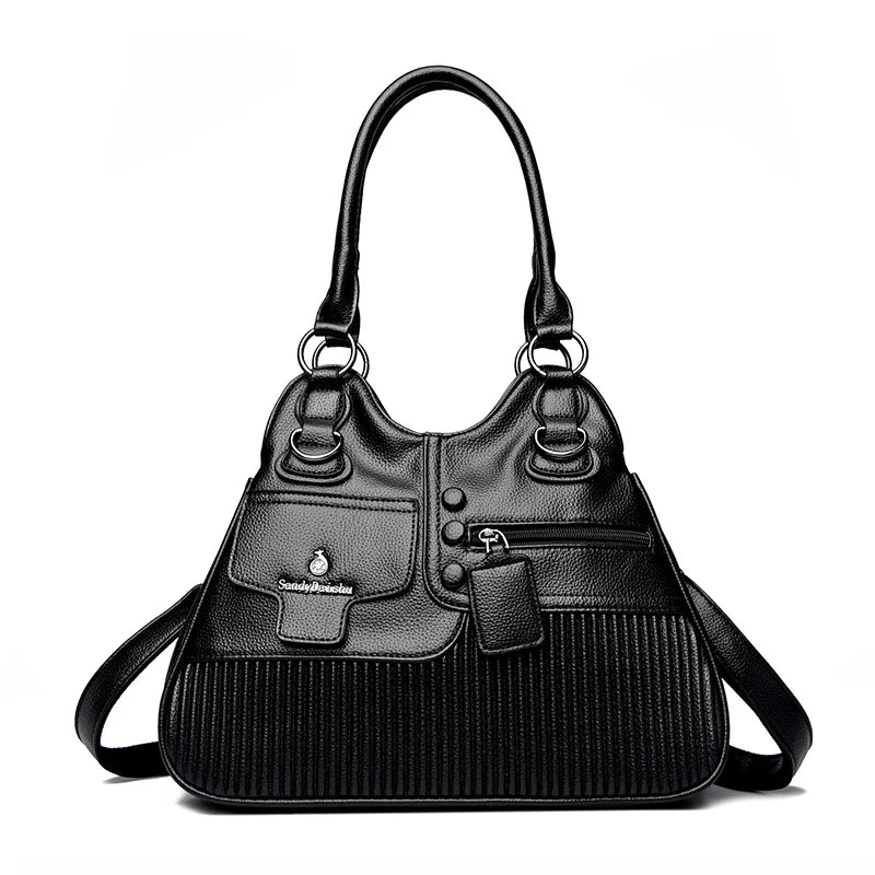 Vegan Leather Tote Handbag with Multi-Pocket & Crossbody Strap