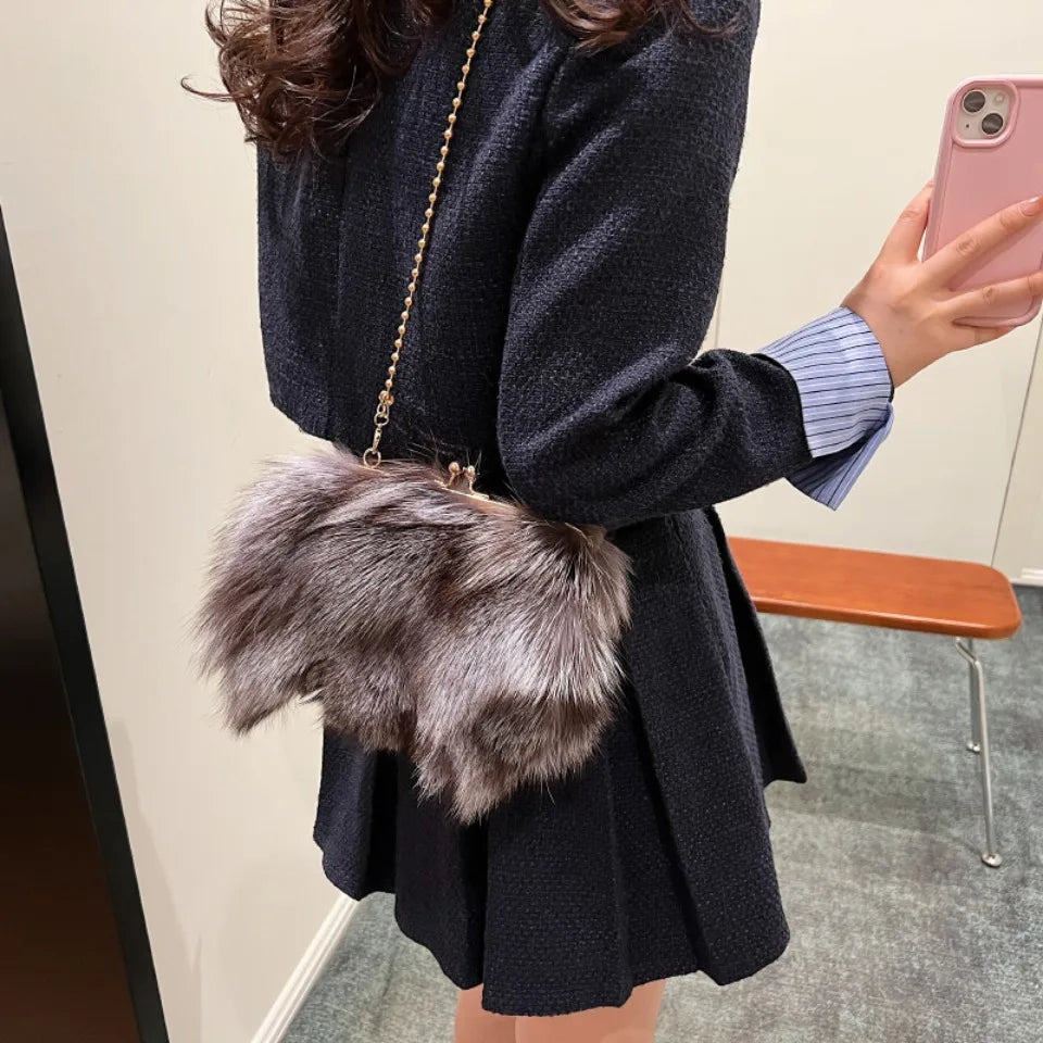 Women's Fluffy Faux Fur Crossbody Bag – Gold Frame Pearl Chain Handbag