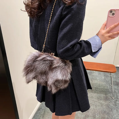 Women's Fluffy Faux Fur Crossbody Bag – Gold Frame Pearl Chain Handbag