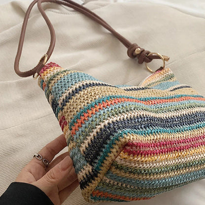 Striped Woven Straw Tote Bag – Women's Boho Shoulder Bag