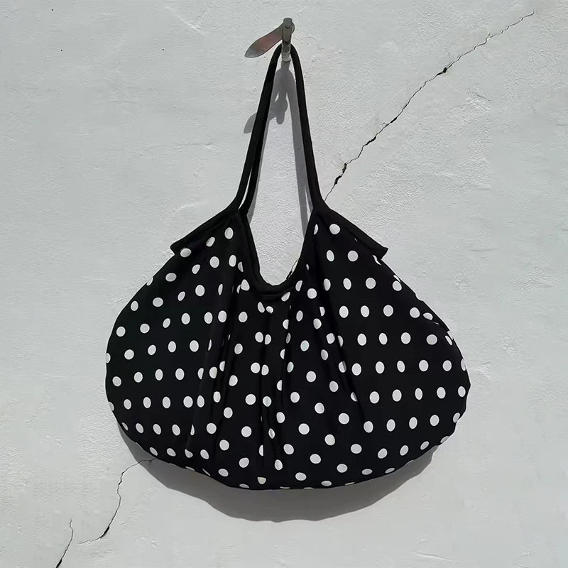 Minimalist Polka Dot Canvas Tote Bag Large Capacity Curved Underarm Shoulder Women Soft Lightweight