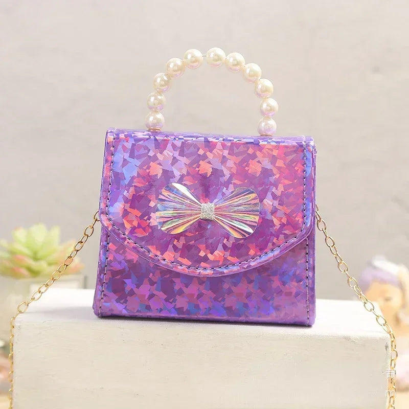 Cute Mini Girls Crossbody Bag – Glitter Bow Purse with Pearl Handle