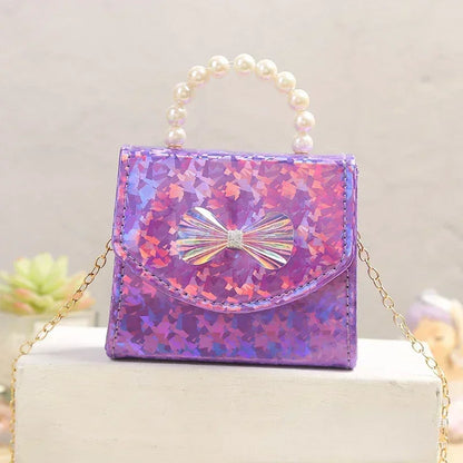 Cute Mini Girls Crossbody Bag – Glitter Bow Purse with Pearl Handle