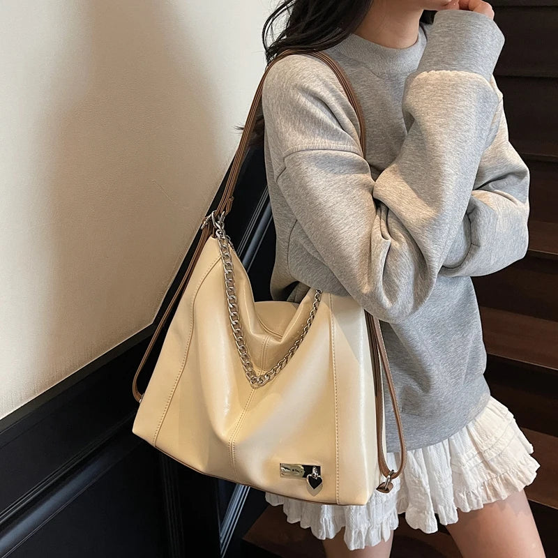 Moods Autumn Latest Backpacks Women Soft Pu Leather Pure Color Chain Shoulder Tote Bags Large