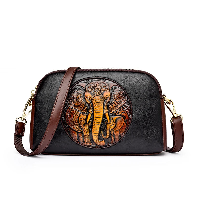Vintage Elephant Embossed Leather Crossbody Bag for Women – Retro Messenger