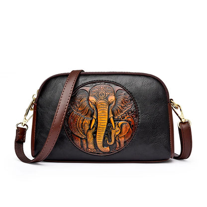 Vintage Elephant Embossed Leather Crossbody Bag for Women – Retro Messenger