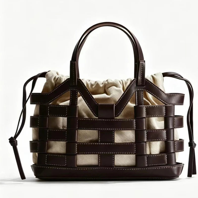 Woven Leather Basket Tote Bag – Women's Drawstring Handbag