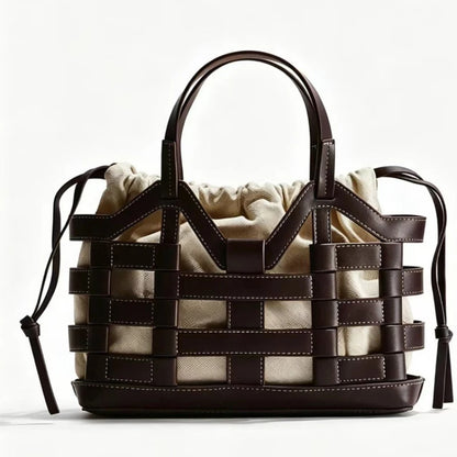 Woven Leather Basket Tote Bag – Women's Drawstring Handbag