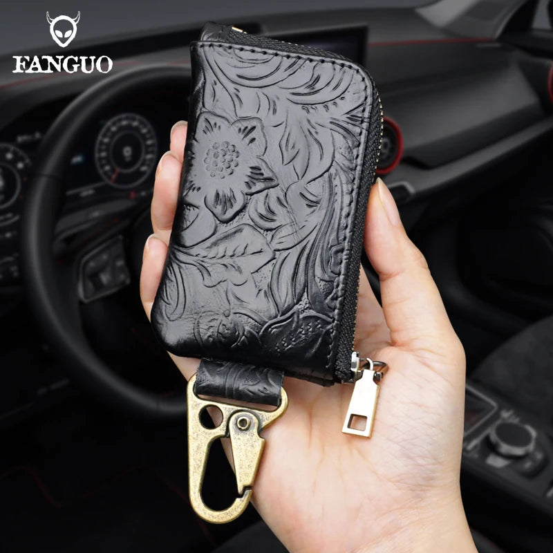 Leather Key Holder Organizer Wallet with Zipper
