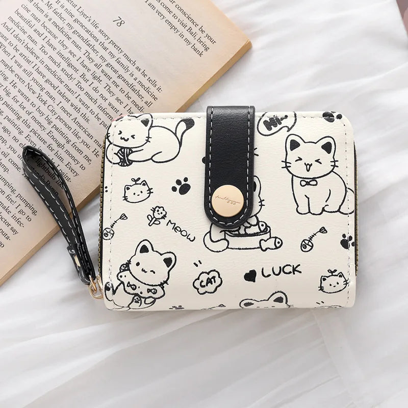 Cute Cat Print Short Wallet for Women – PU Leather Coin Purse