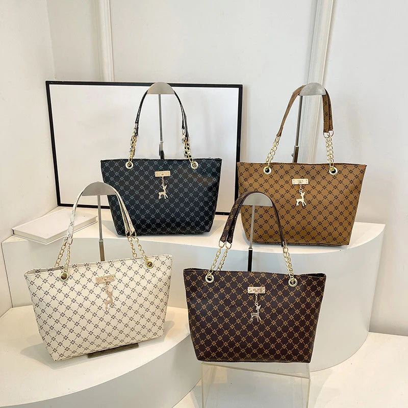 Large Capacity Women's Tote Bag with Gold Chain Strap & Print