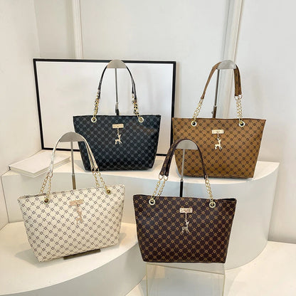 Large Capacity Women's Tote Bag with Gold Chain Strap & Print